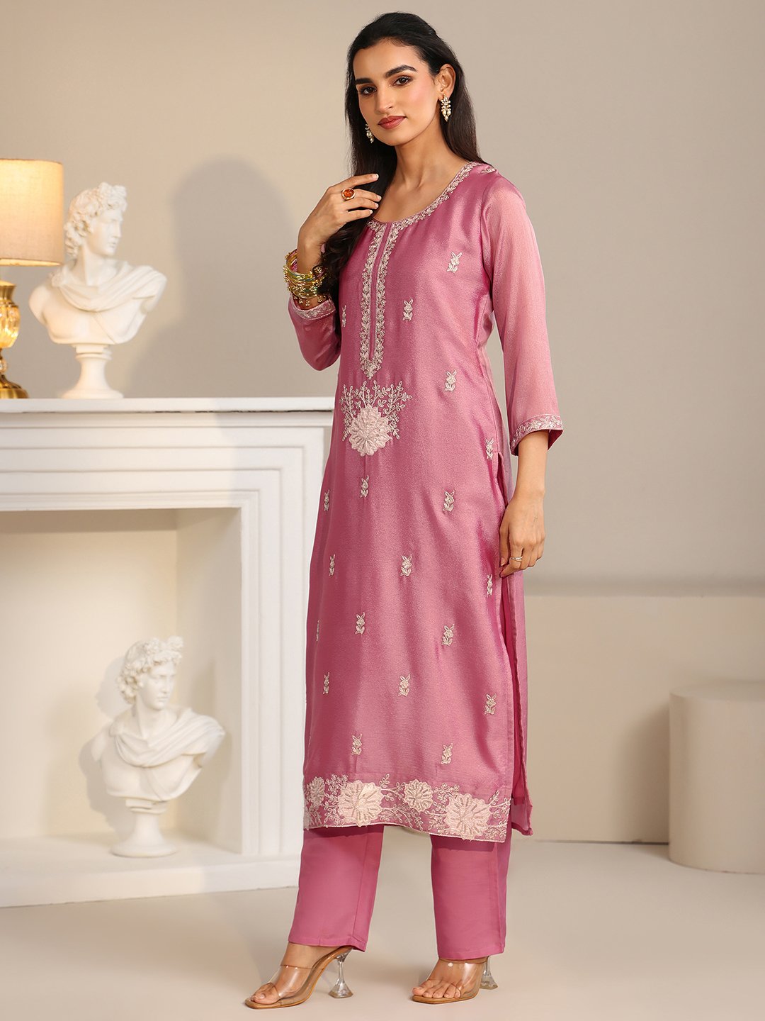 Pink Embroidered Silk Blend Kurta Set with Dupatta