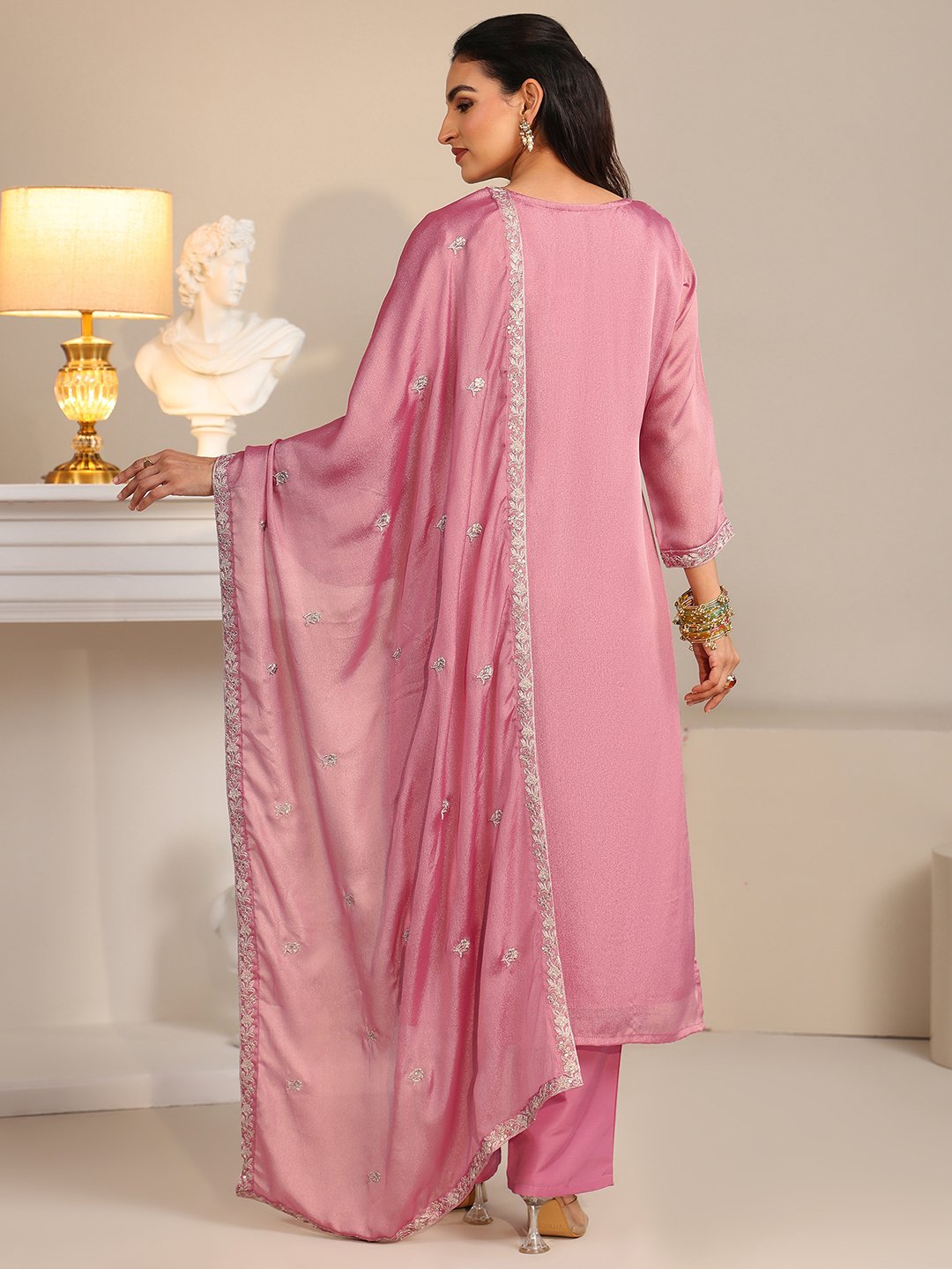 Pink Embroidered Silk Blend Kurta Set with Dupatta