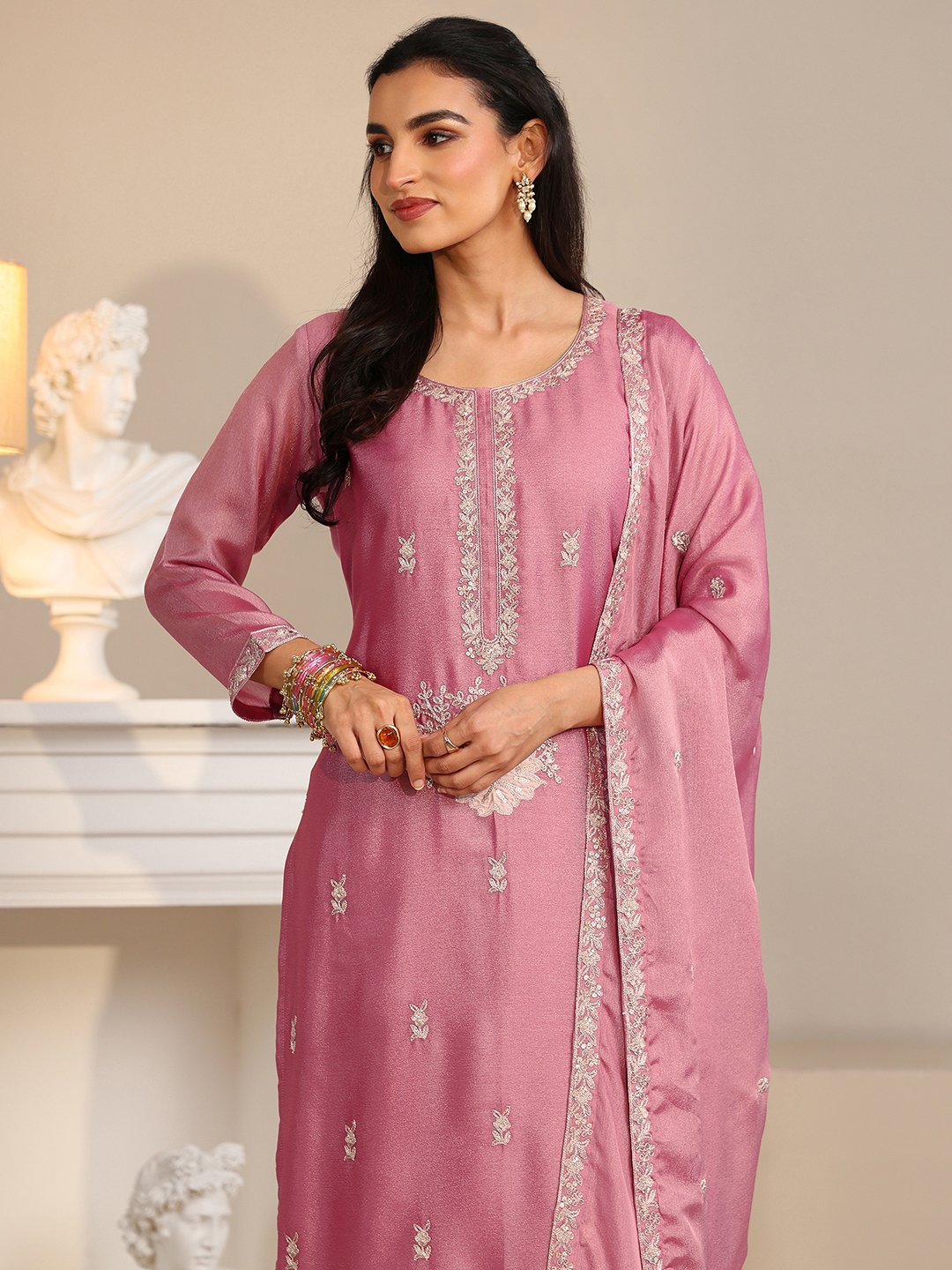 Pink Embroidered Silk Blend Kurta Set with Dupatta