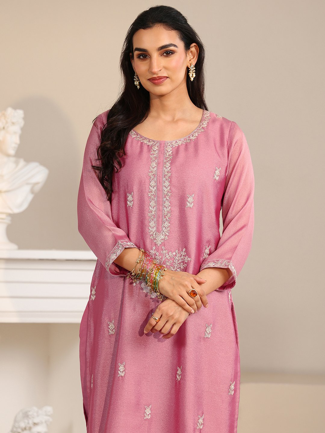Pink Embroidered Silk Blend Kurta Set with Dupatta