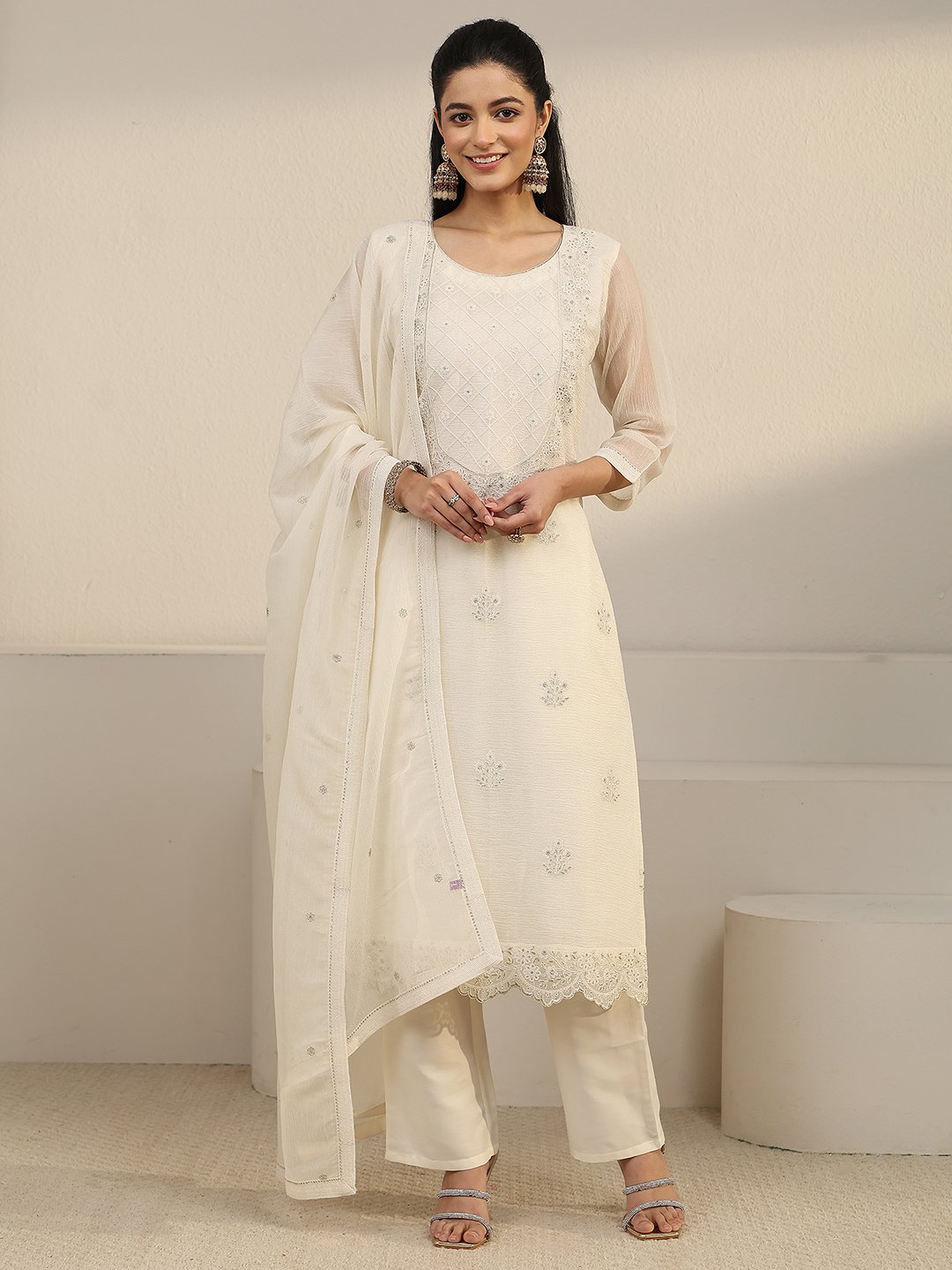 White Embroidered Chiffon Kurta Set with Straight Pants and Dupatta
