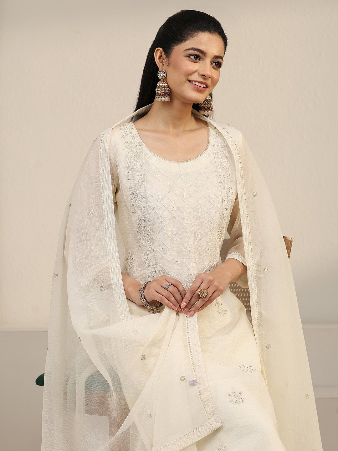 White Embroidered Chiffon Kurta Set with Straight Pants and Dupatta