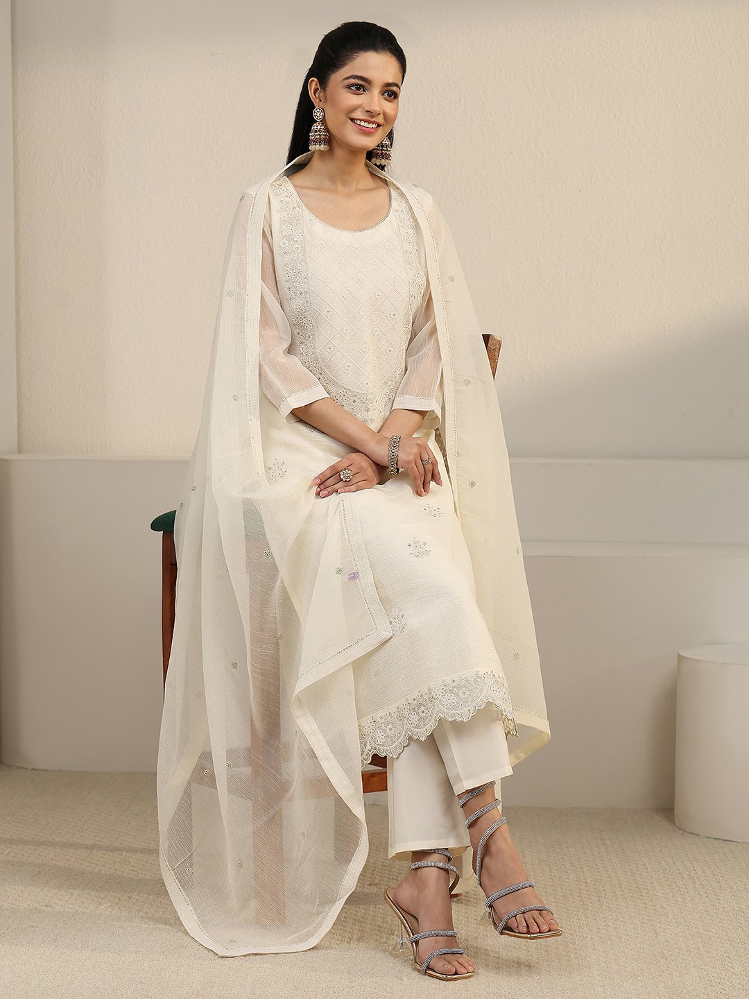 White Embroidered Chiffon Kurta Set with Straight Pants and Dupatta