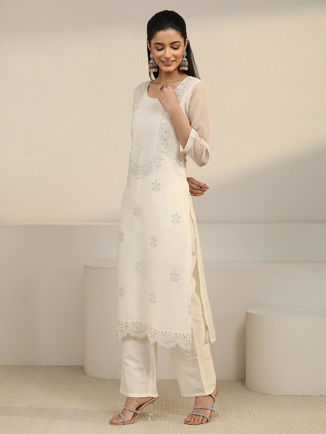 White Embroidered Chiffon Kurta Set with Straight Pants and Dupatta