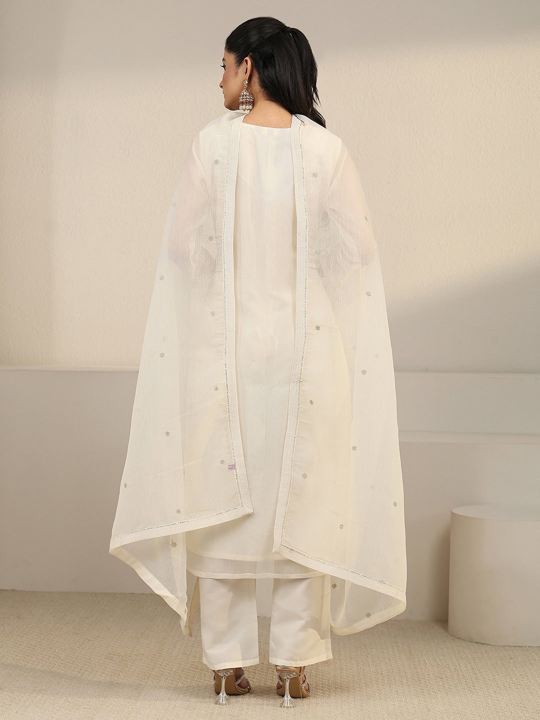 White Embroidered Chiffon Kurta Set with Straight Pants and Dupatta