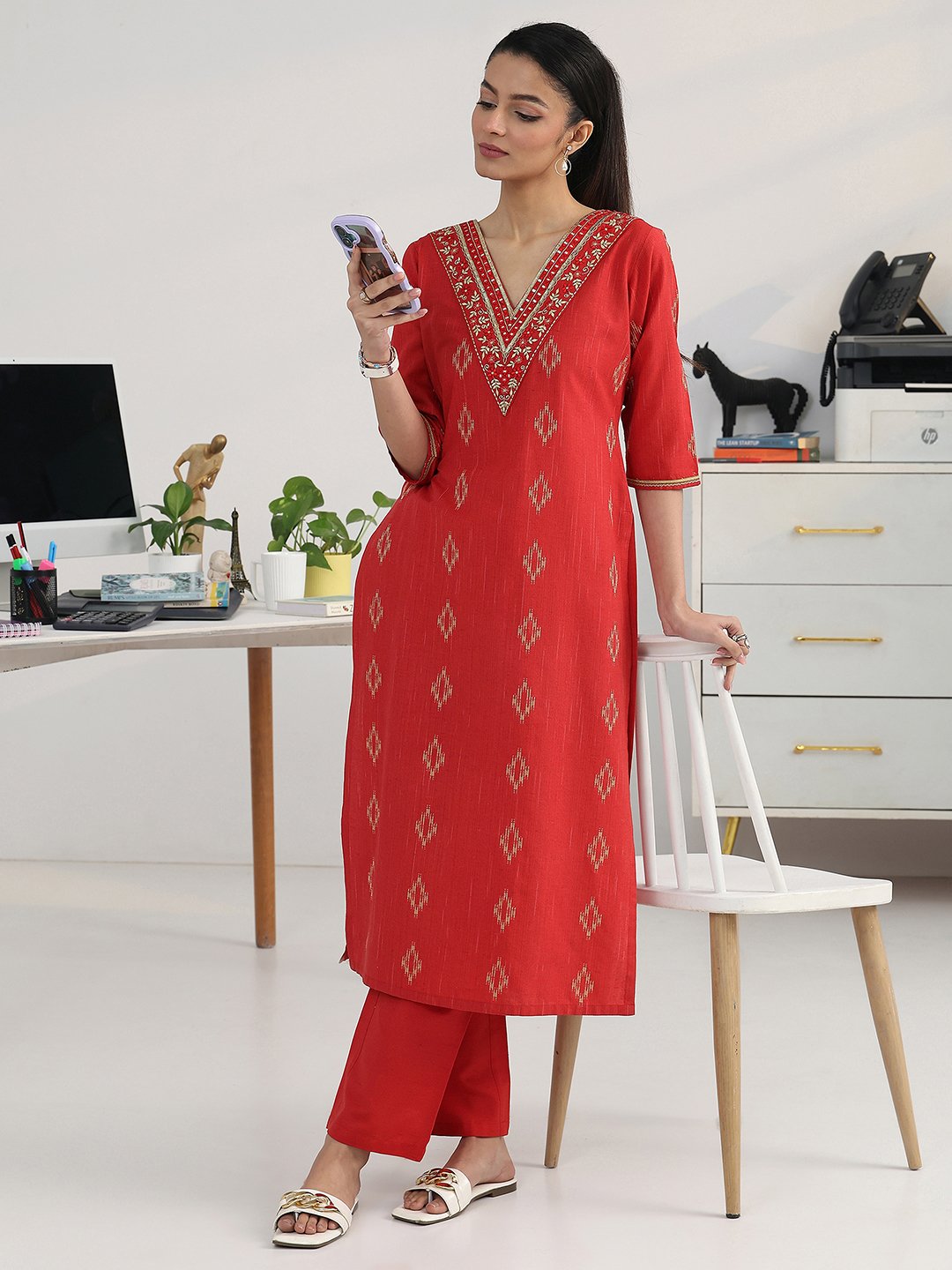 Red Woven Cotton Blend Kurta with Trousers Set