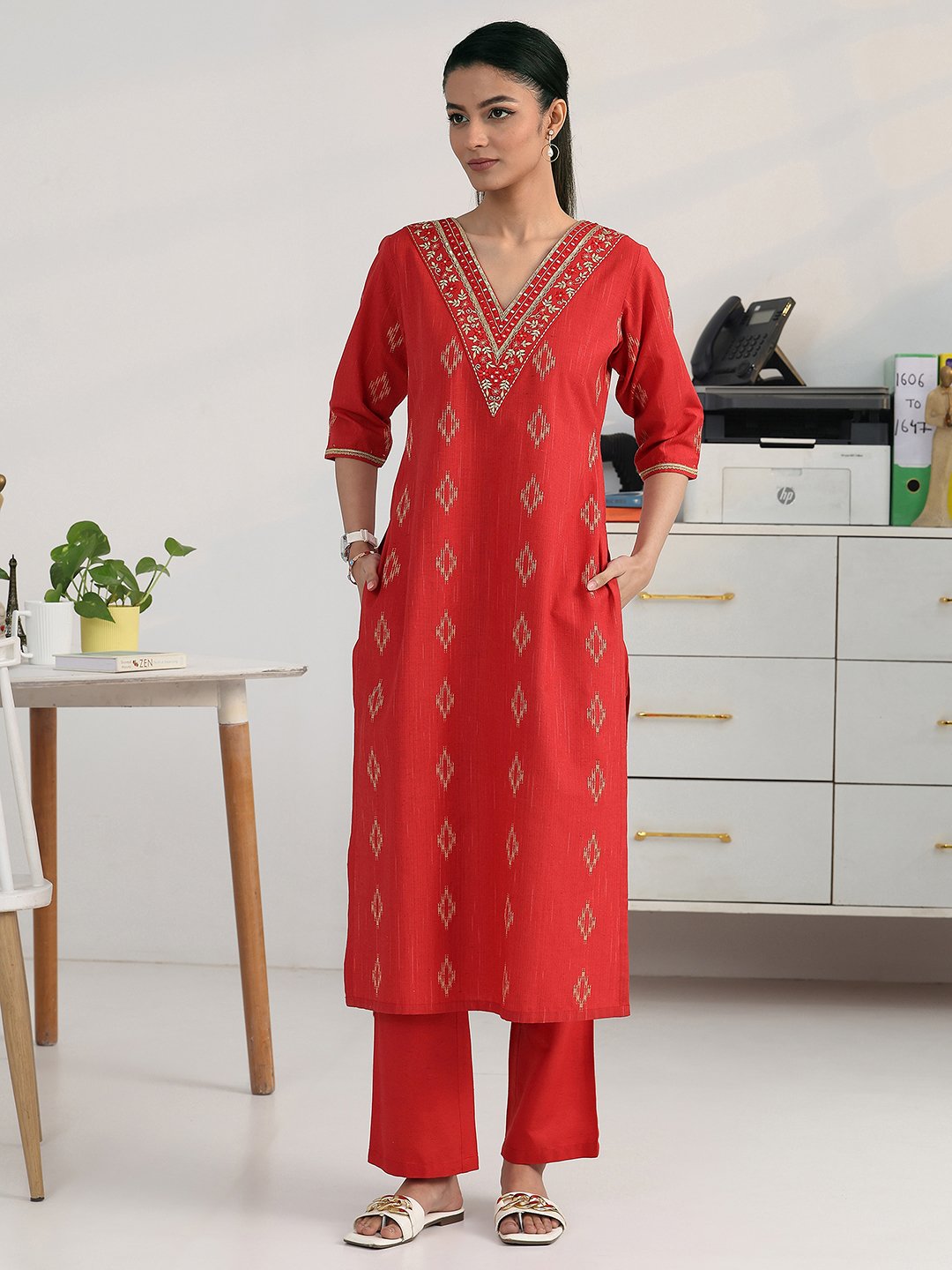 Red Woven Cotton Blend Kurta with Trousers Set