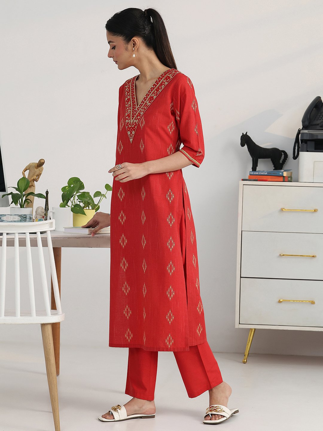 Red Woven Cotton Blend Kurta with Trousers Set
