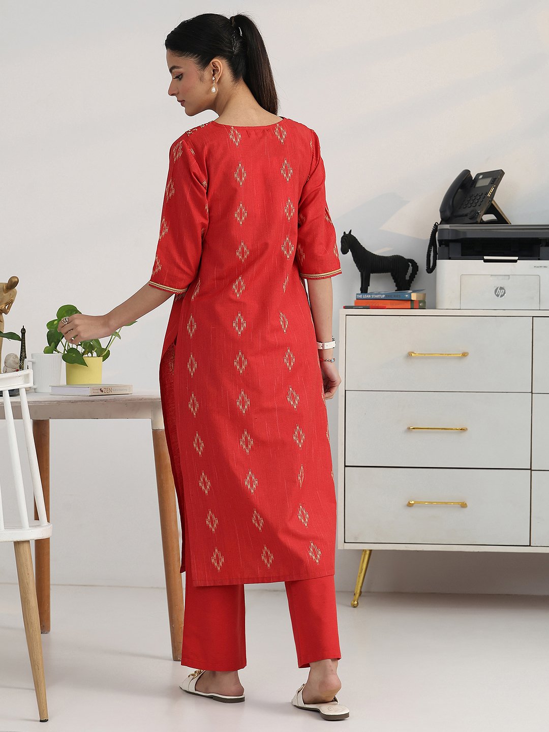 Red Woven Cotton Blend Kurta with Trousers Set