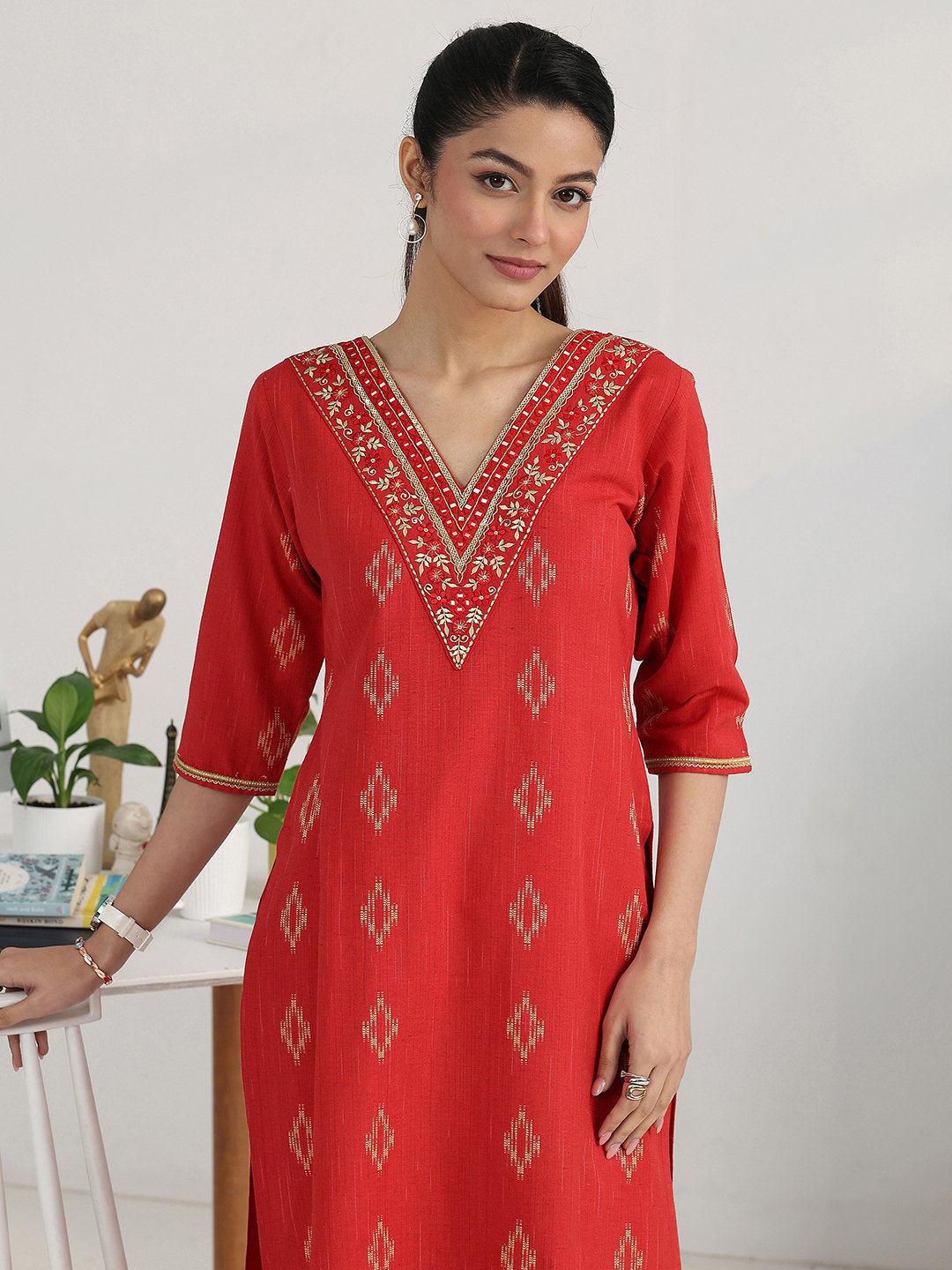 Red Woven Cotton Blend Kurta with Trousers Set