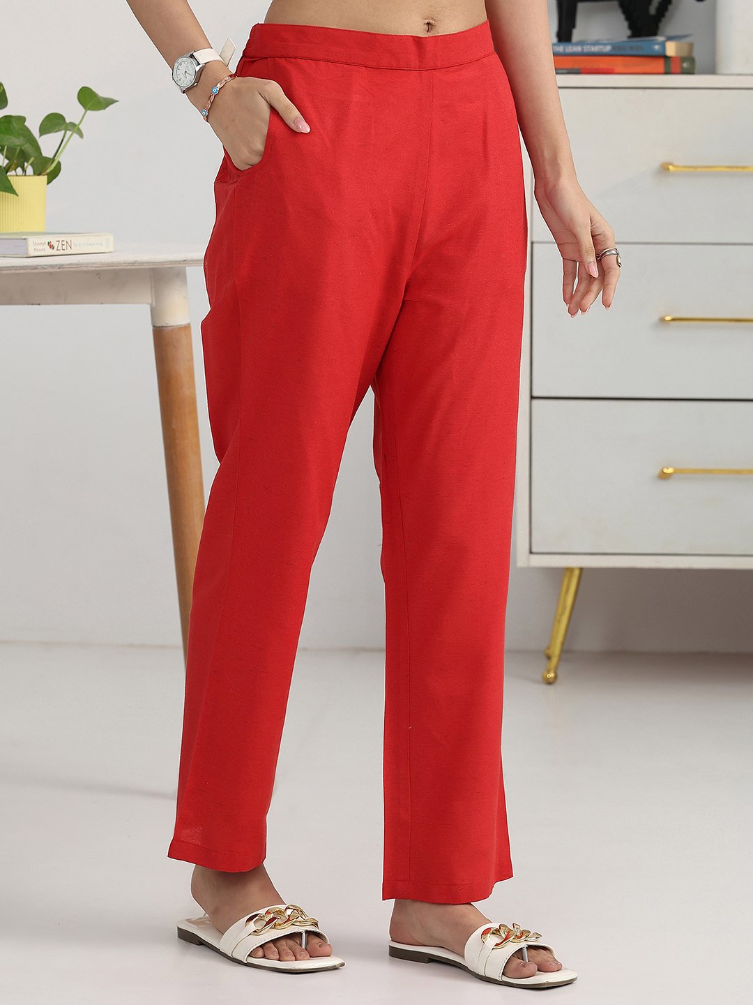 Red Woven Cotton Blend Kurta with Trousers Set