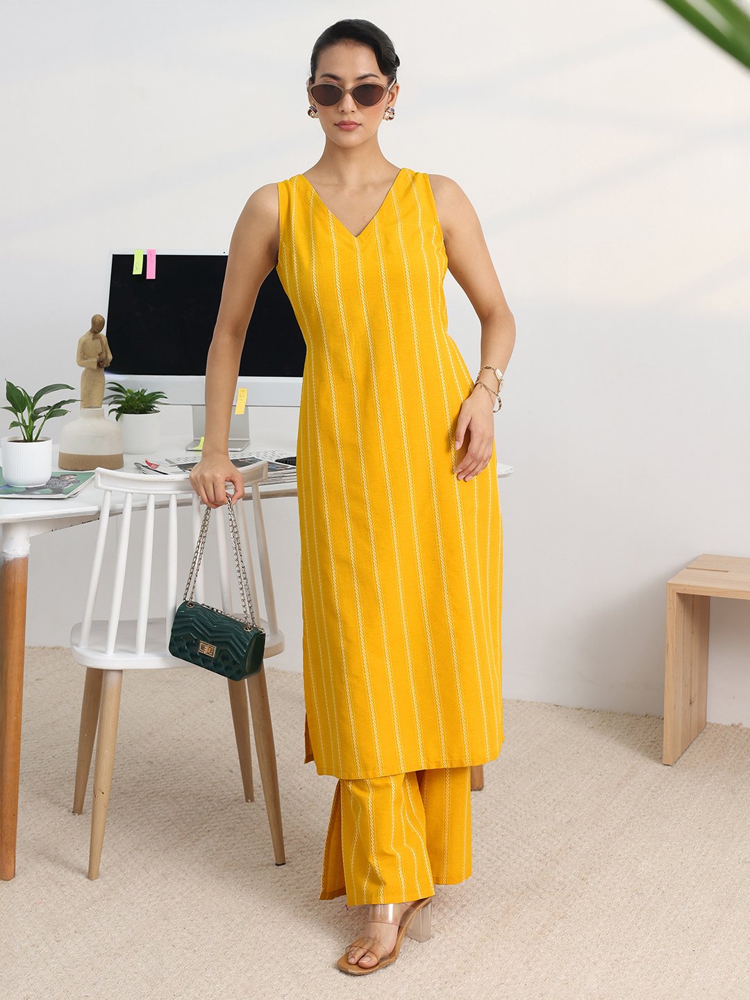 Mustard Cotton Blend Sleeveless Kurta Set with Palazzo Pants