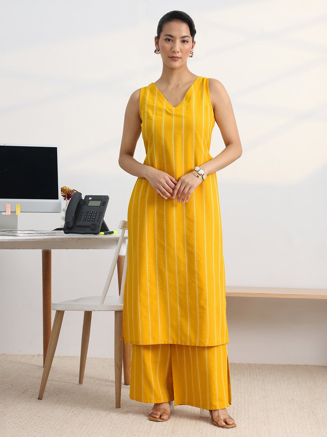 Mustard Cotton Blend Sleeveless Kurta Set with Palazzo Pants