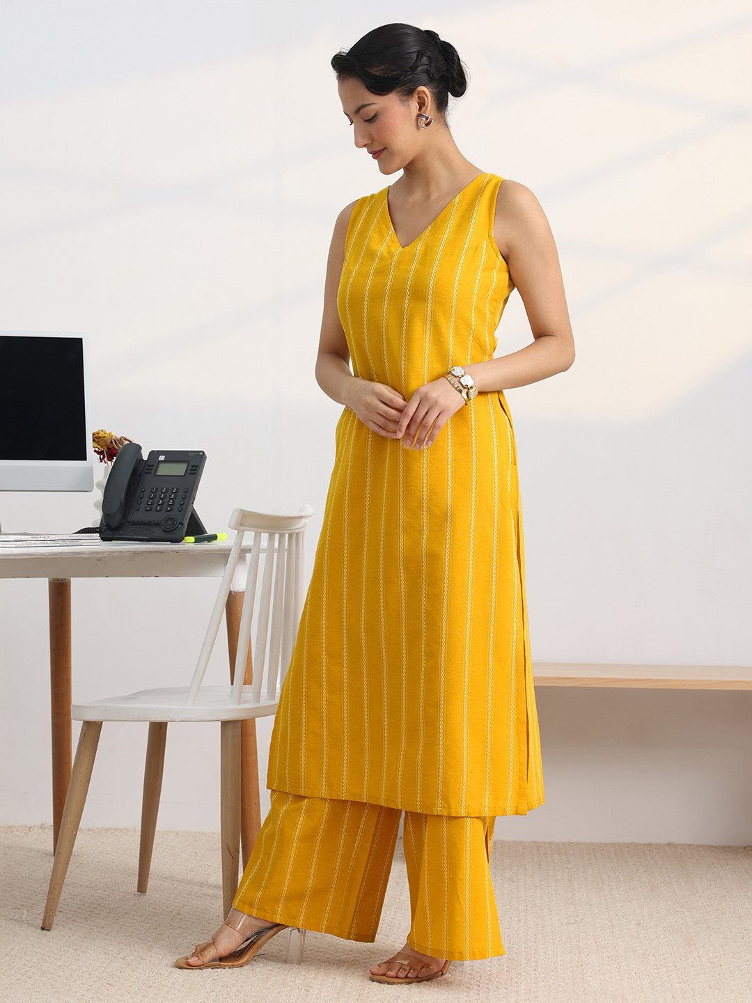 Mustard Cotton Blend Sleeveless Kurta Set with Palazzo Pants