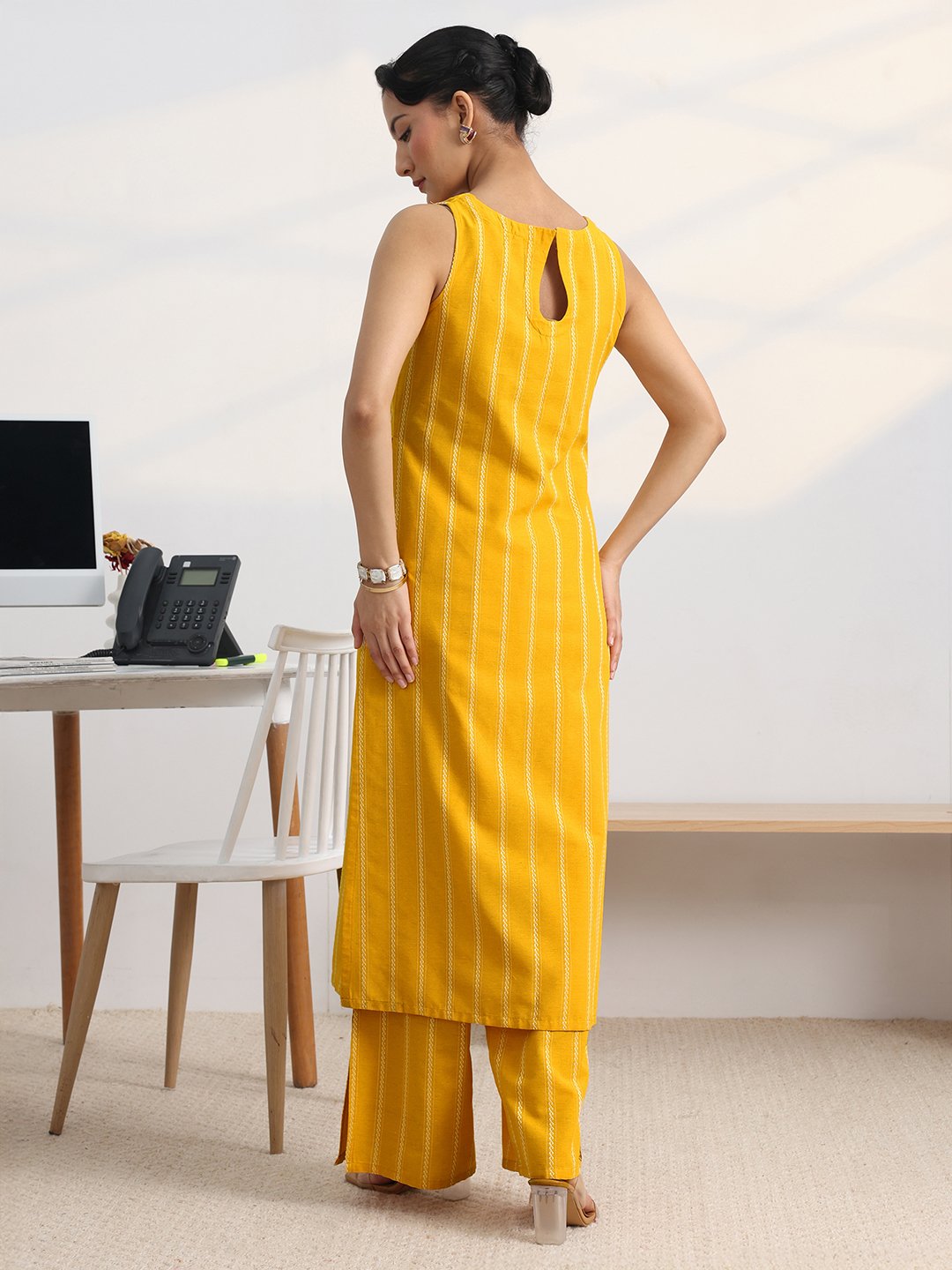 Mustard Cotton Blend Sleeveless Kurta Set with Palazzo Pants