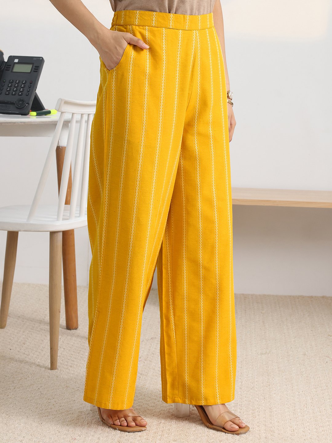 Mustard Cotton Blend Sleeveless Kurta Set with Palazzo Pants