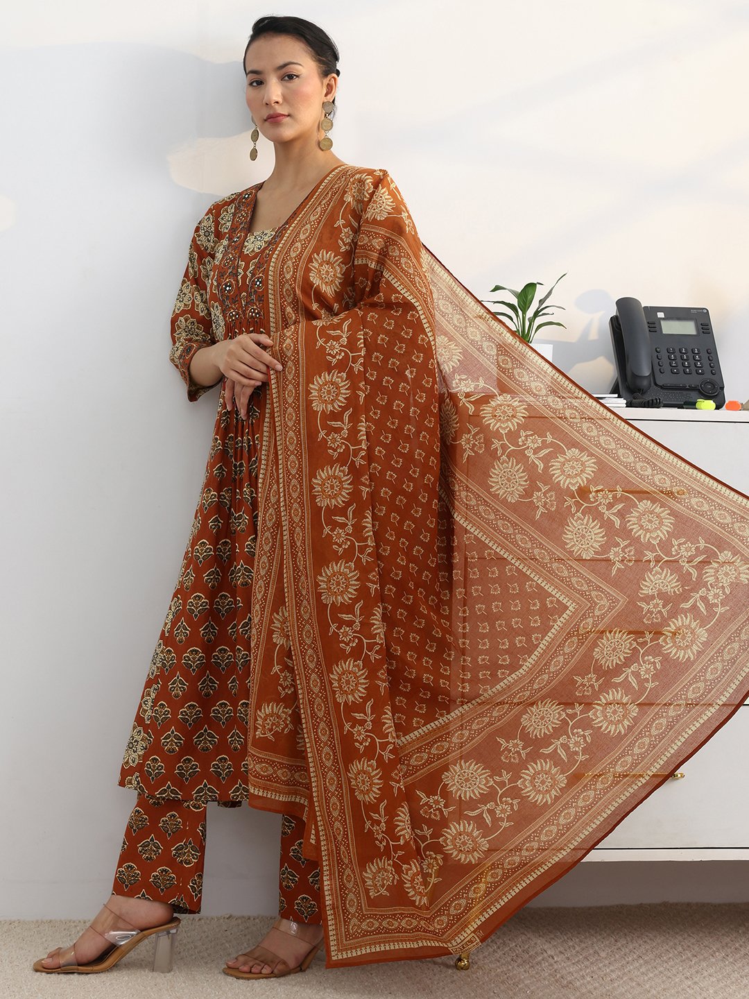 Rust Printed A-Line Kurta Set with Trousers and Dupatta