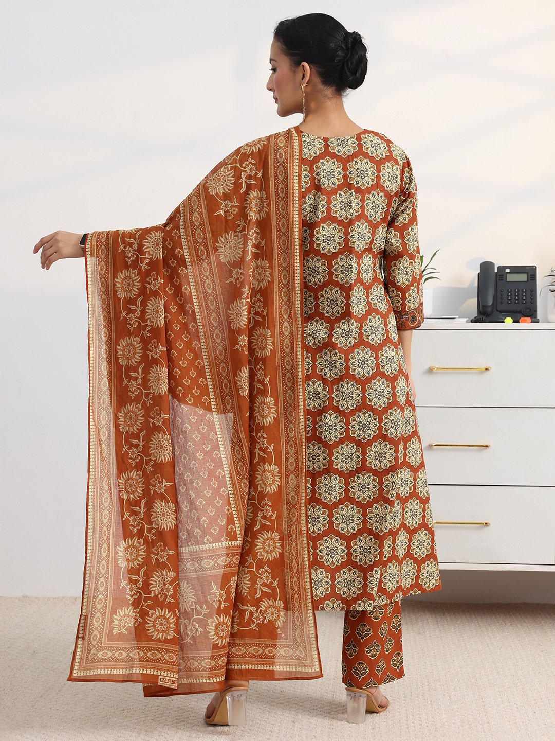 Rust Printed A-Line Kurta Set with Trousers and Dupatta