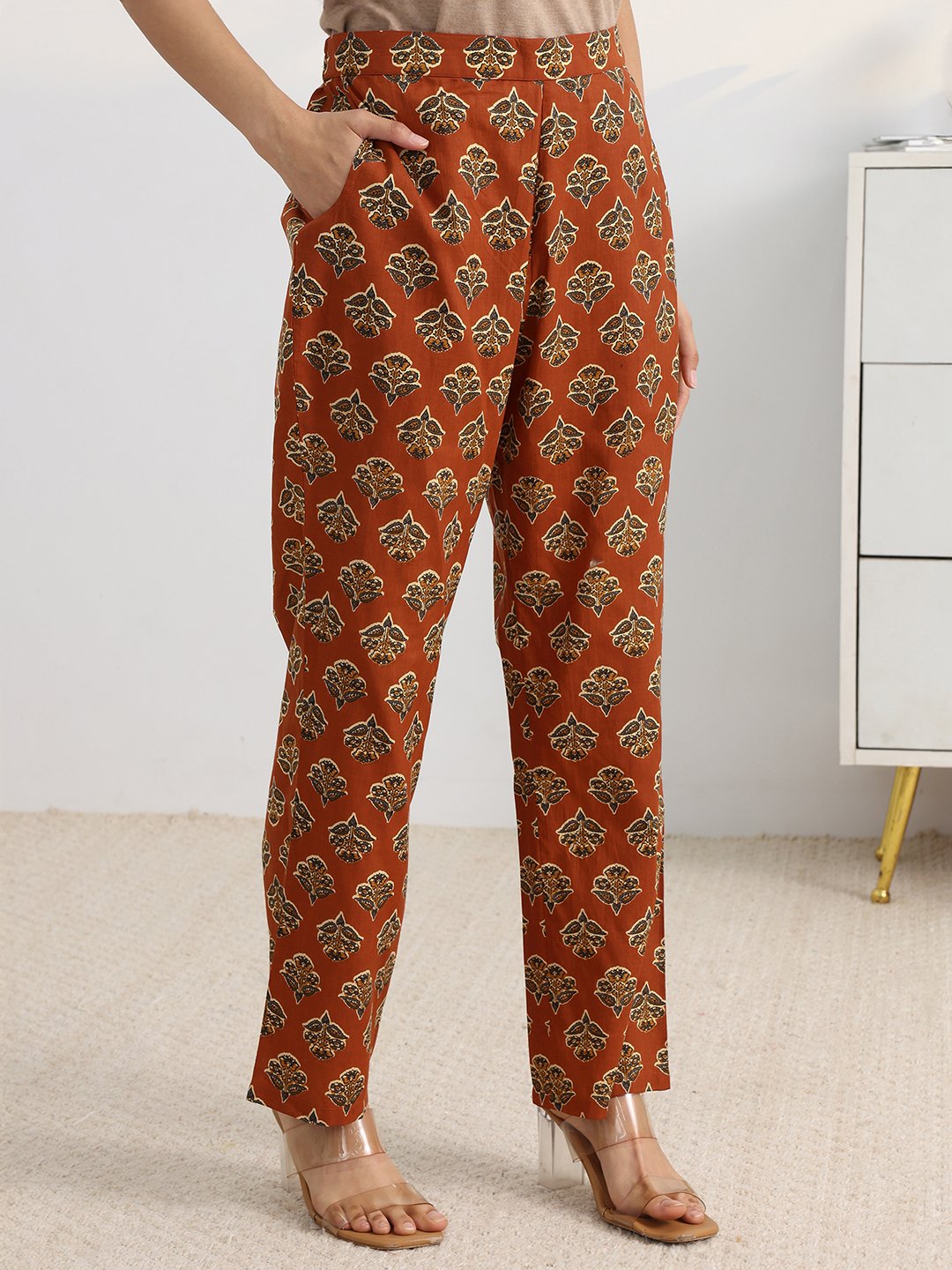 Rust Printed A-Line Kurta Set with Trousers and Dupatta