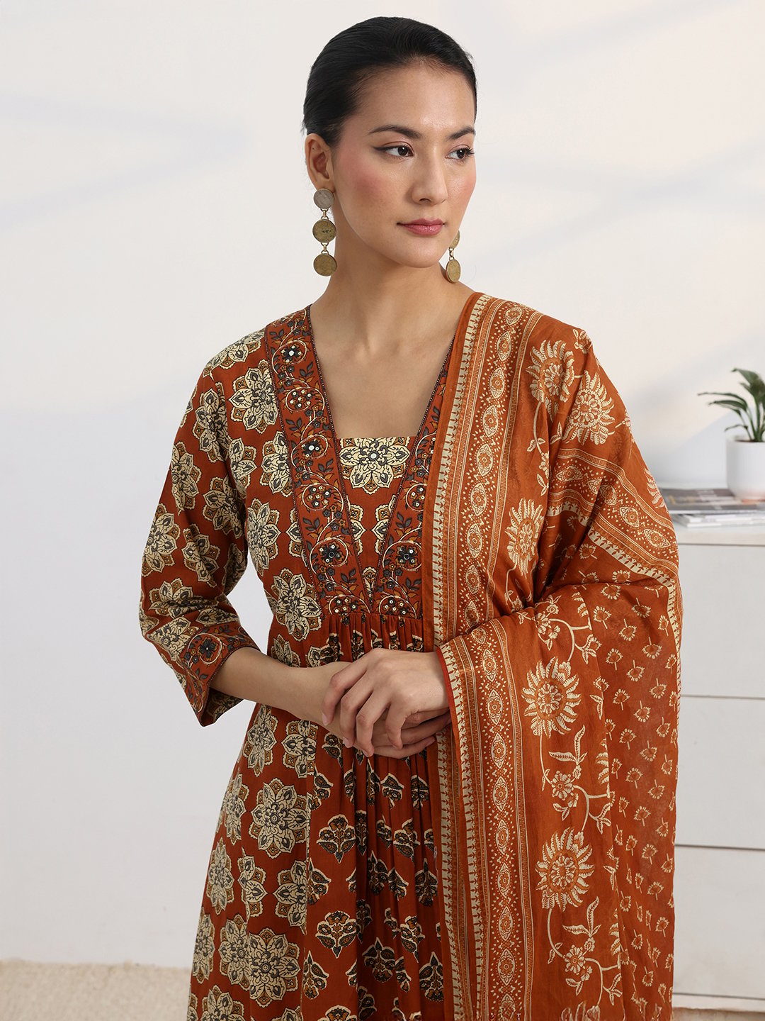 Rust Printed A-Line Kurta Set with Trousers and Dupatta