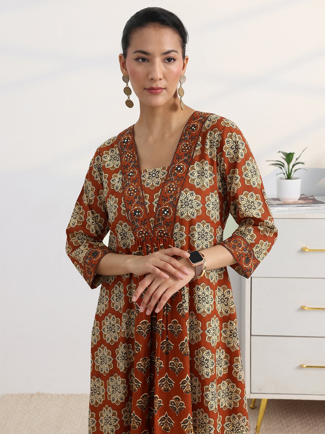 Rust Printed A-Line Kurta Set with Trousers and Dupatta