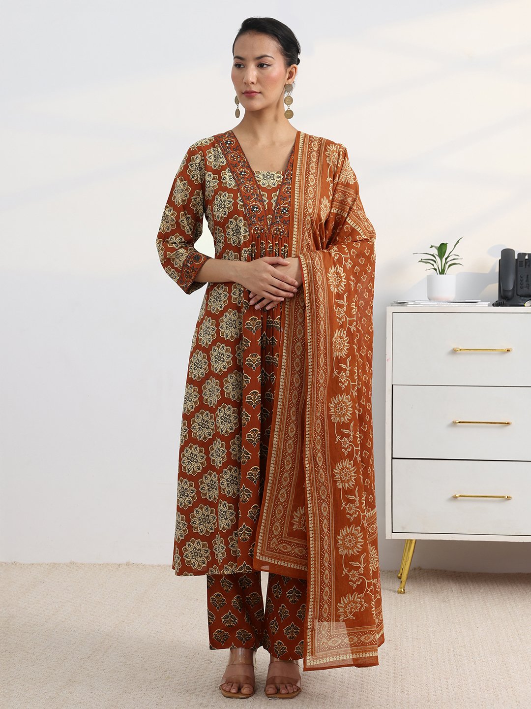 Rust Printed A-Line Kurta Set with Trousers and Dupatta