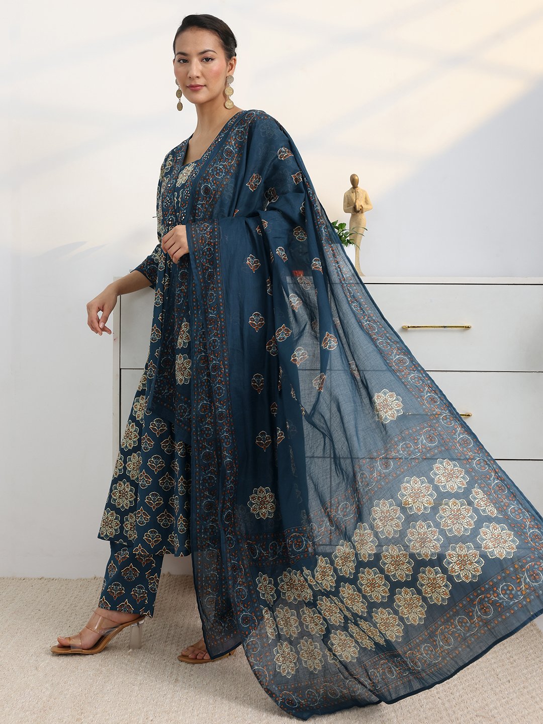 Blue Floral Printed Anarkali Kurta Set with Dupatta