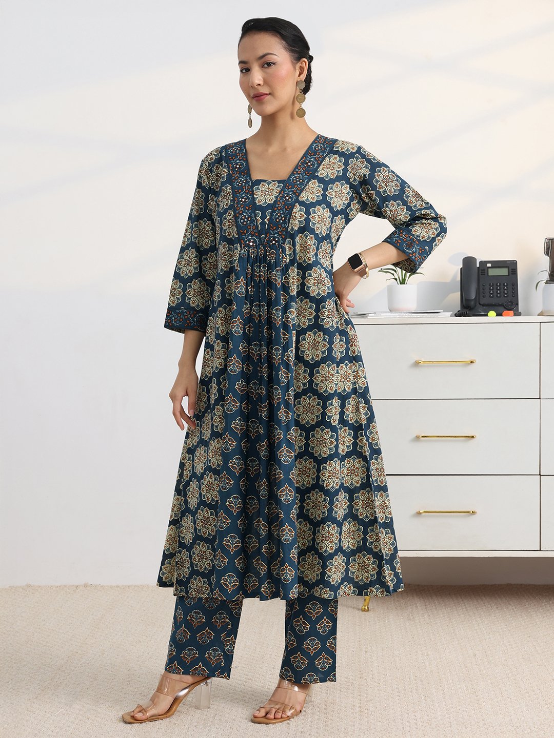 Blue Floral Printed Anarkali Kurta Set with Dupatta