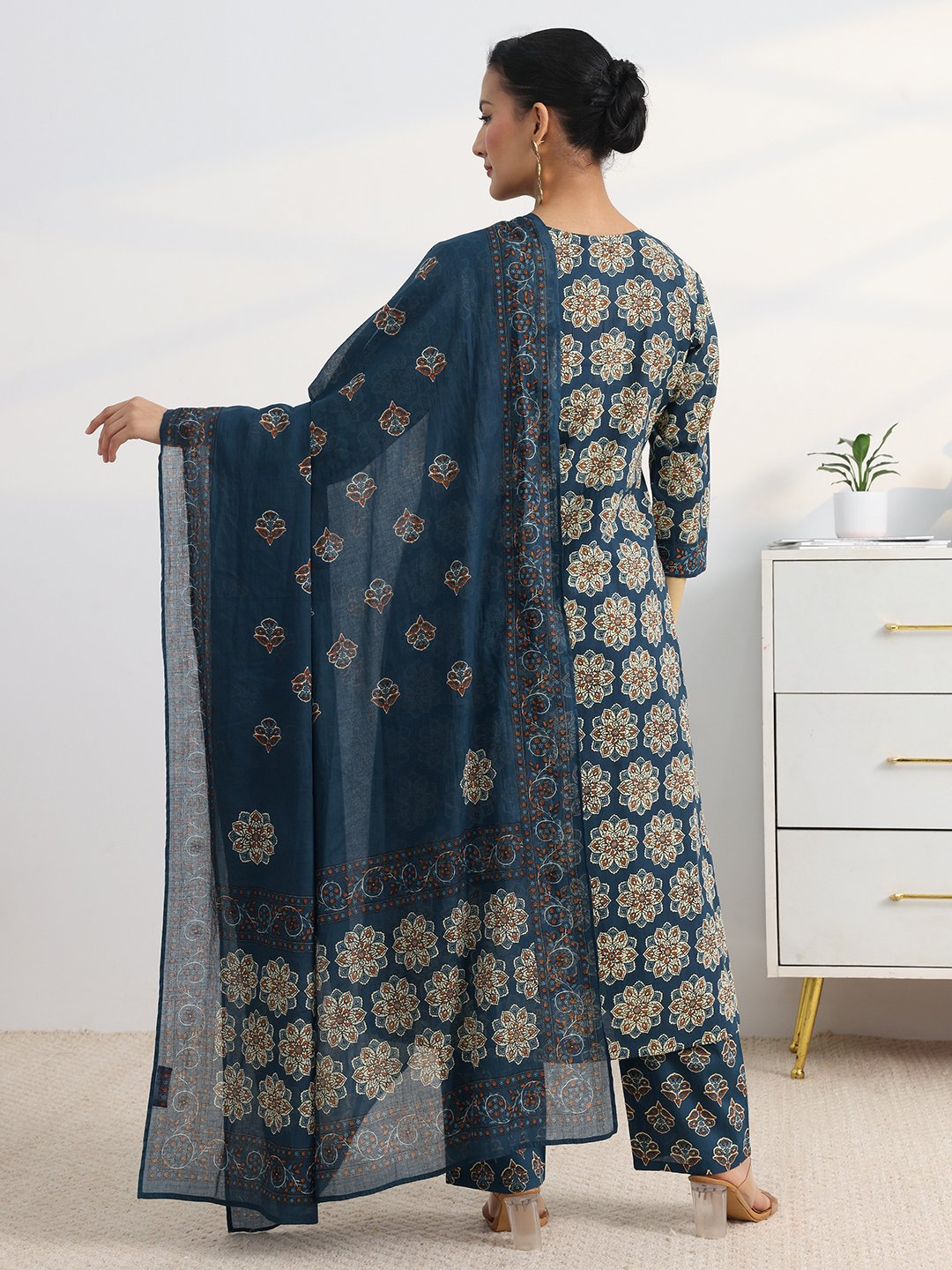 Blue Floral Printed Anarkali Kurta Set with Dupatta