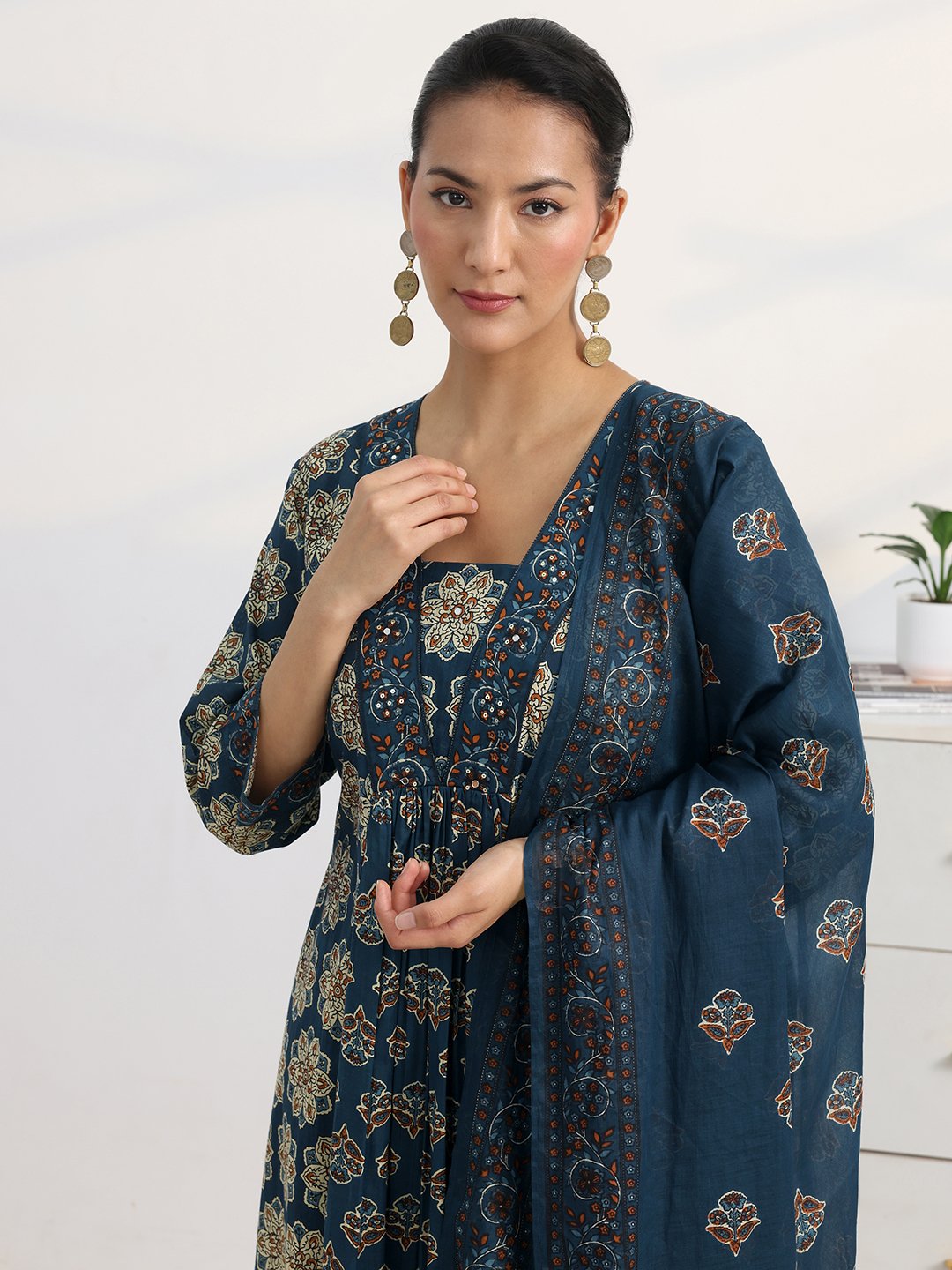 Blue Floral Printed Anarkali Kurta Set with Dupatta