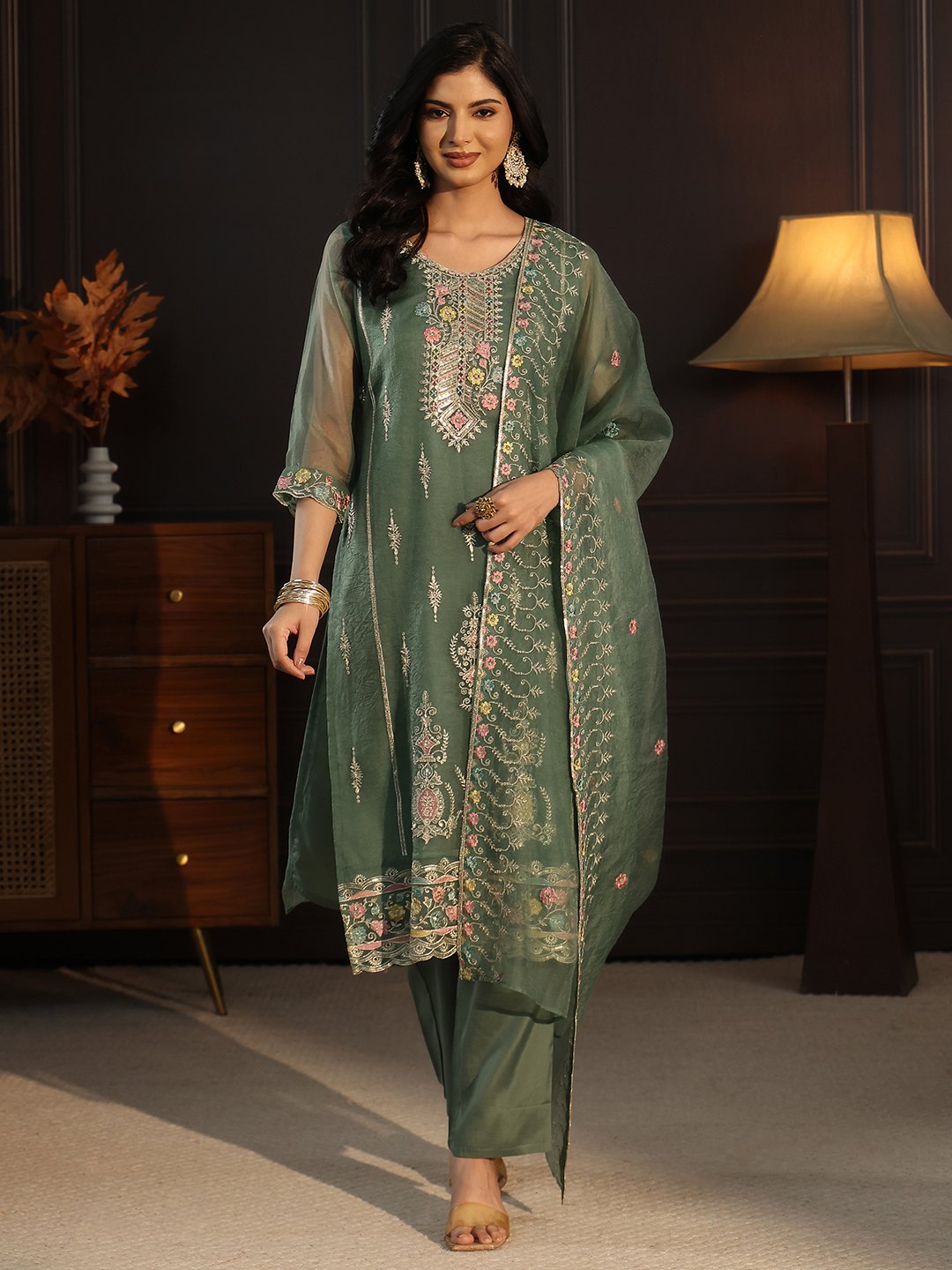 Green Embroidered Tissue Kurta Set with Straight Pants and Dupatta