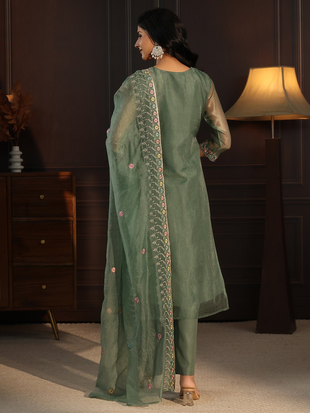 Green Embroidered Tissue Kurta Set with Straight Pants and Dupatta