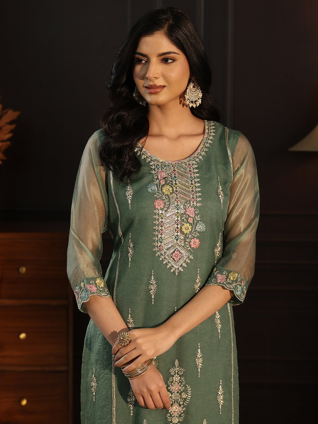 Green Embroidered Tissue Kurta Set with Straight Pants and Dupatta