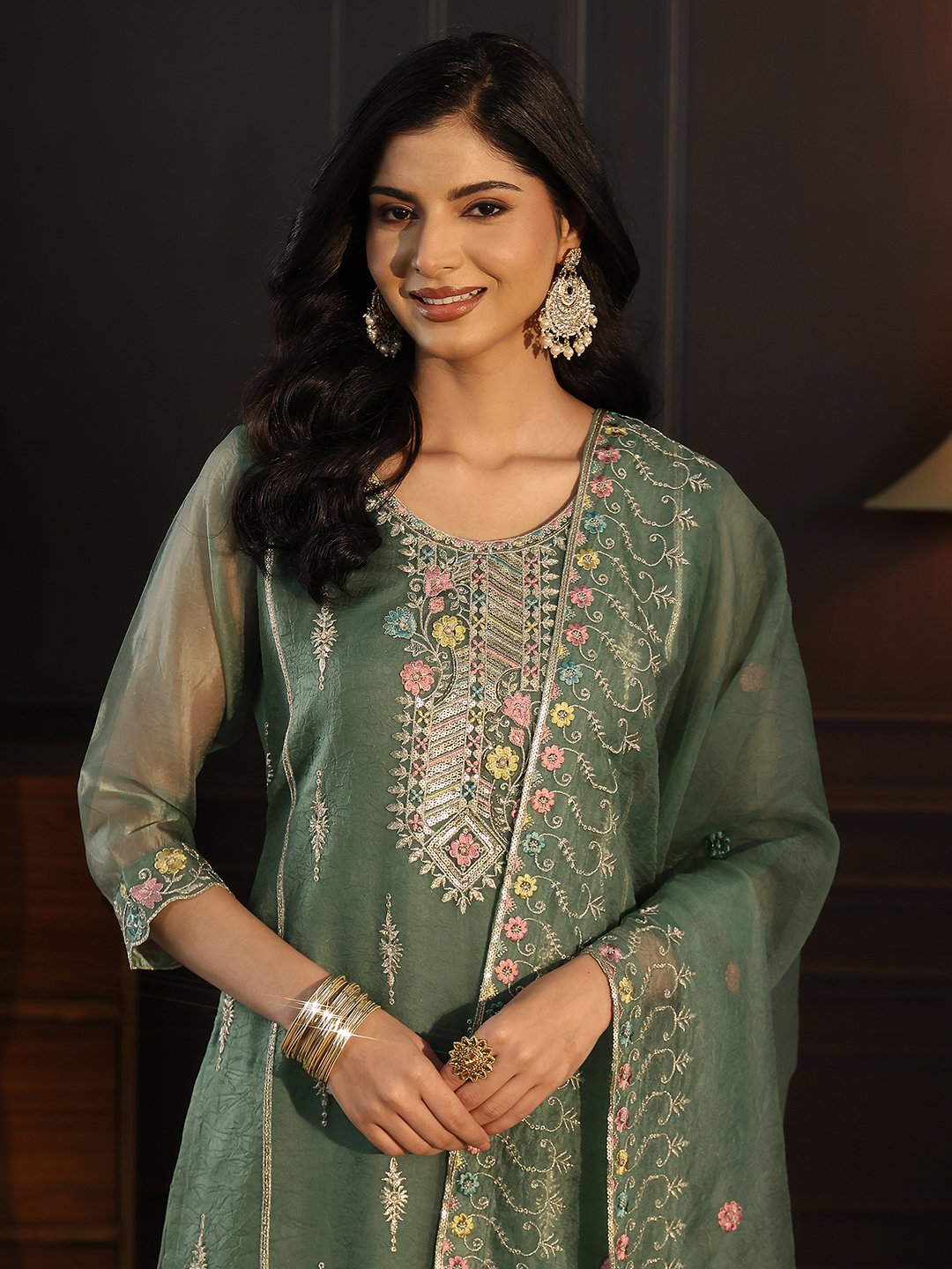 Green Embroidered Tissue Kurta Set with Straight Pants and Dupatta