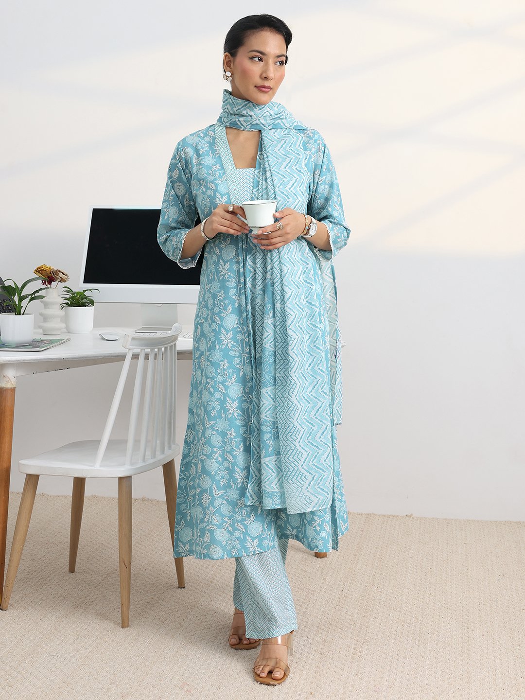 Light Blue Floral Print Kurta Set with Dupatta