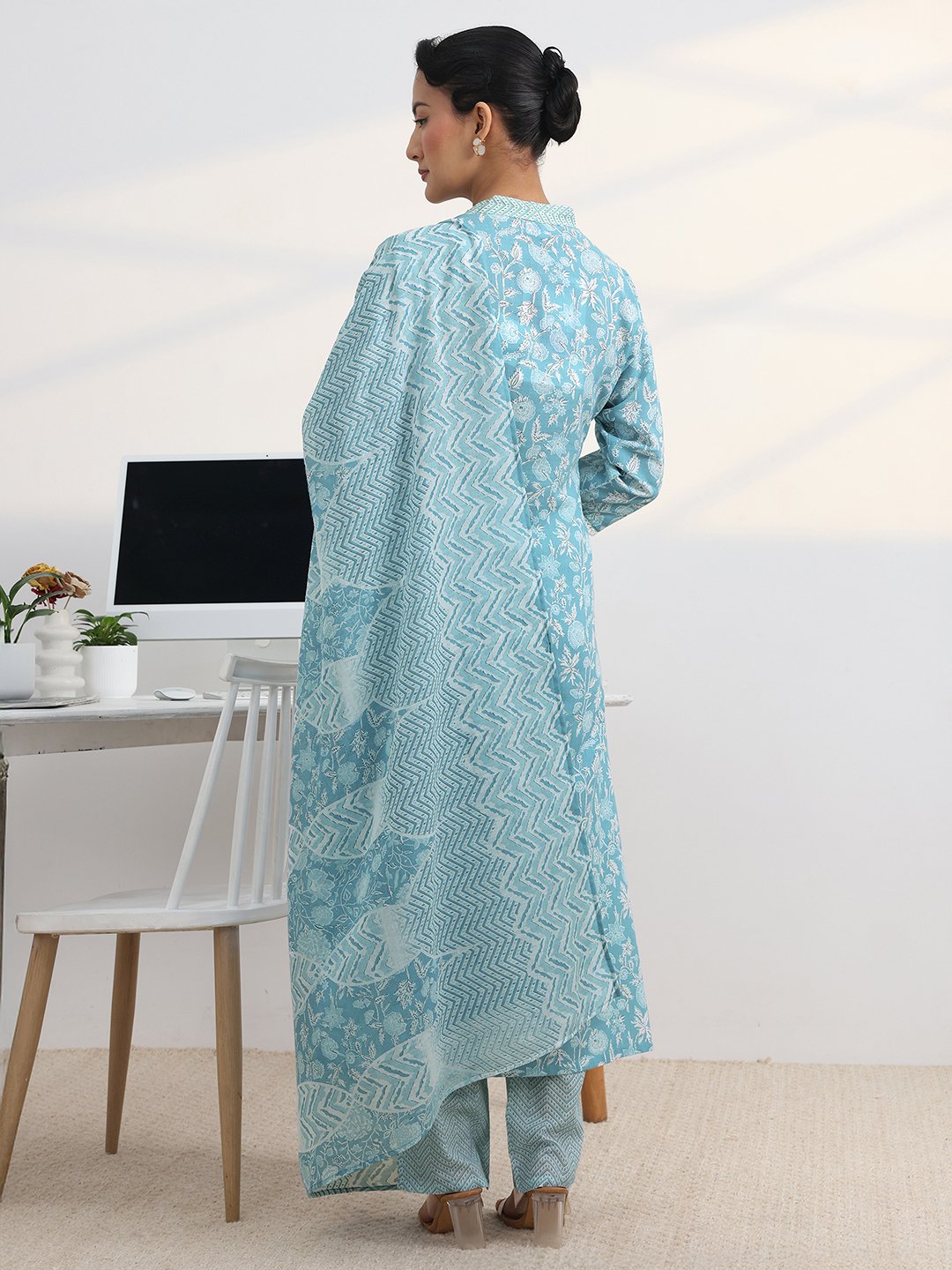 Light Blue Floral Print Kurta Set with Dupatta