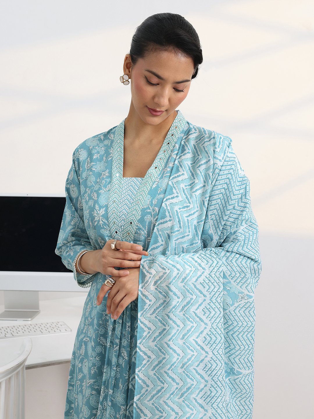 Light Blue Floral Print Kurta Set with Dupatta