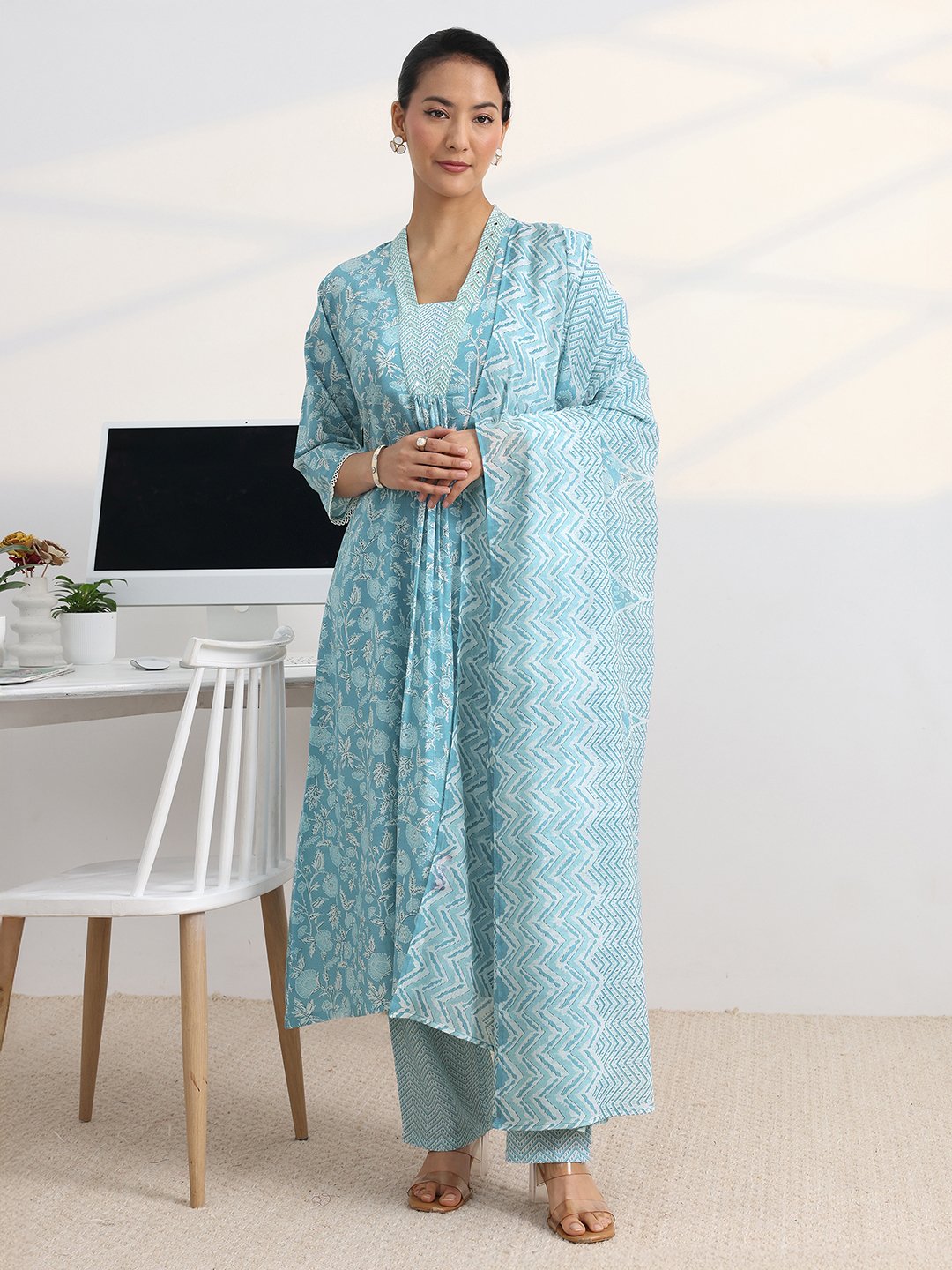Light Blue Floral Print Kurta Set with Dupatta