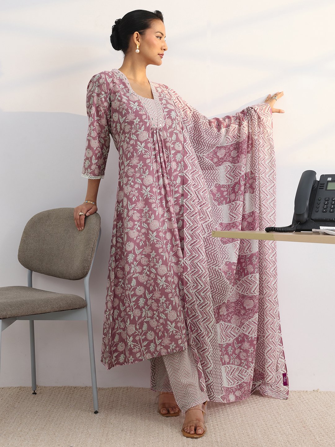 Pink Floral Print Anarkali Kurta Set with Dupatta