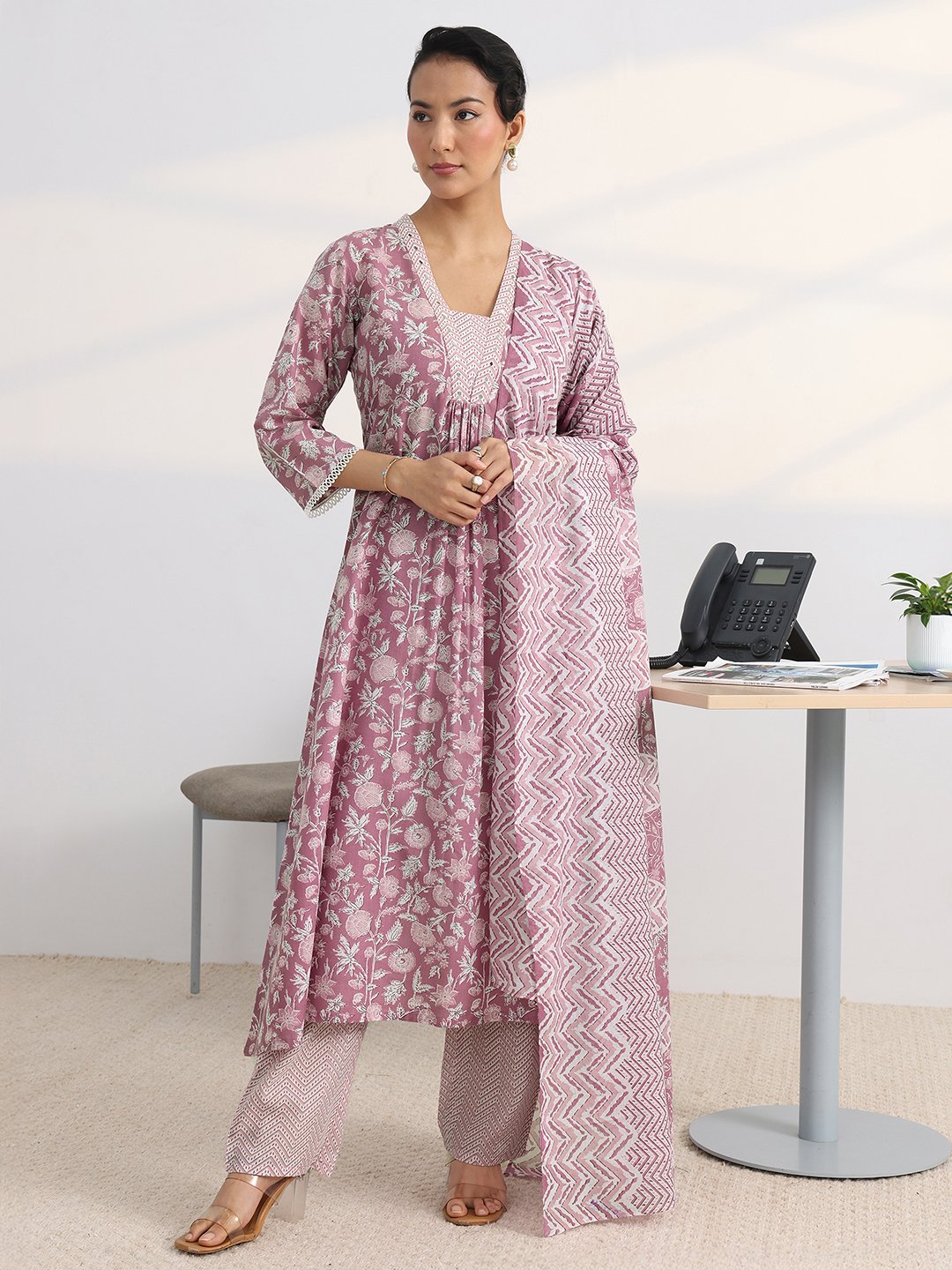 Pink Floral Print Anarkali Kurta Set with Dupatta