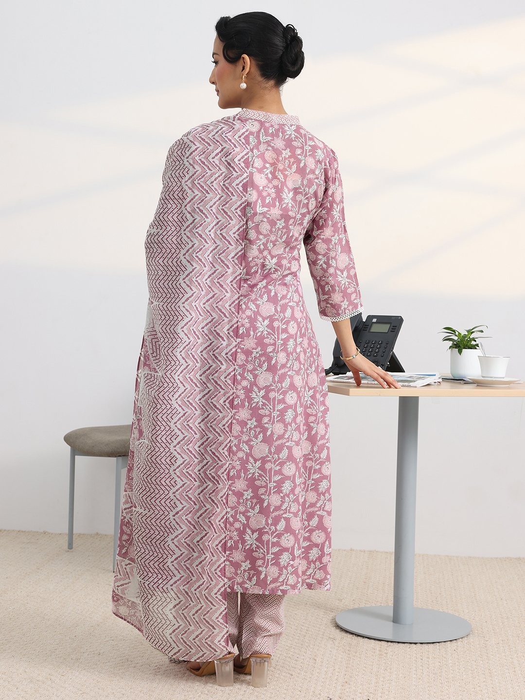 Pink Floral Print Anarkali Kurta Set with Dupatta