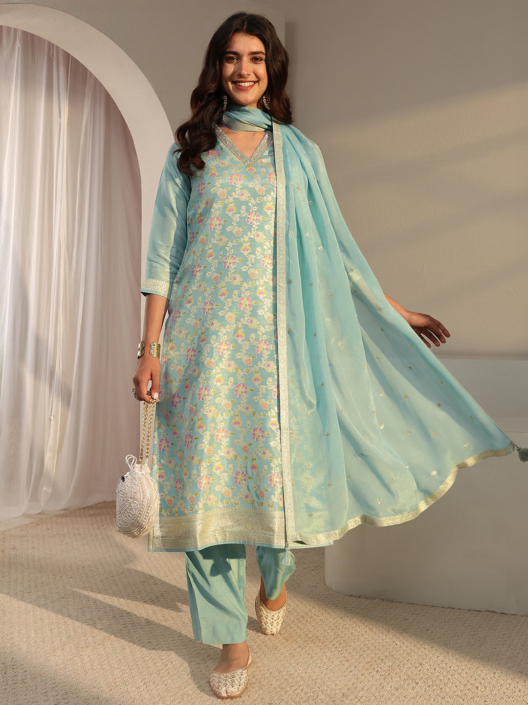 Festive Blue Silk Blend Woven Kurta Set with Dupatta