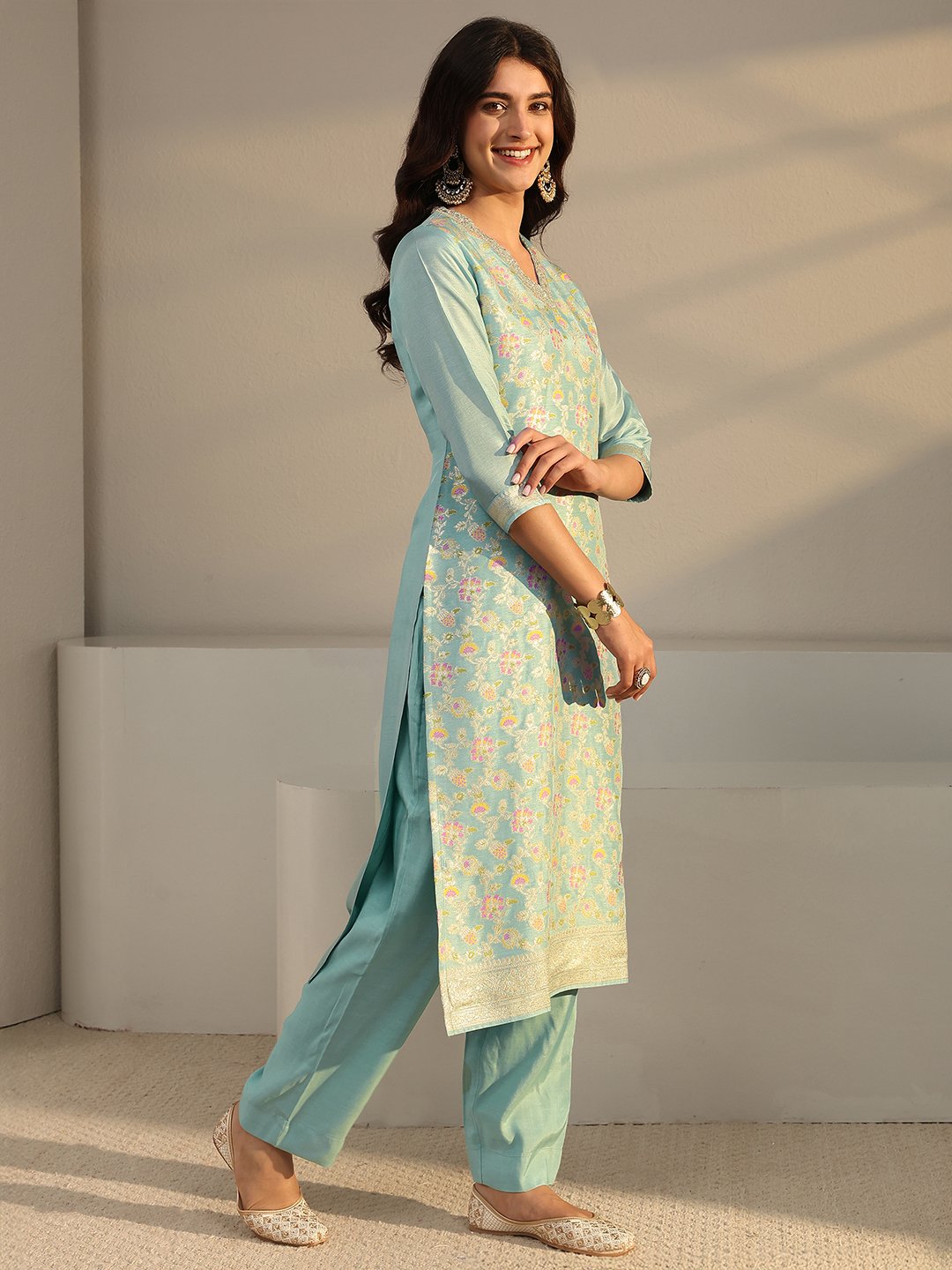 Festive Blue Silk Blend Woven Kurta Set with Dupatta