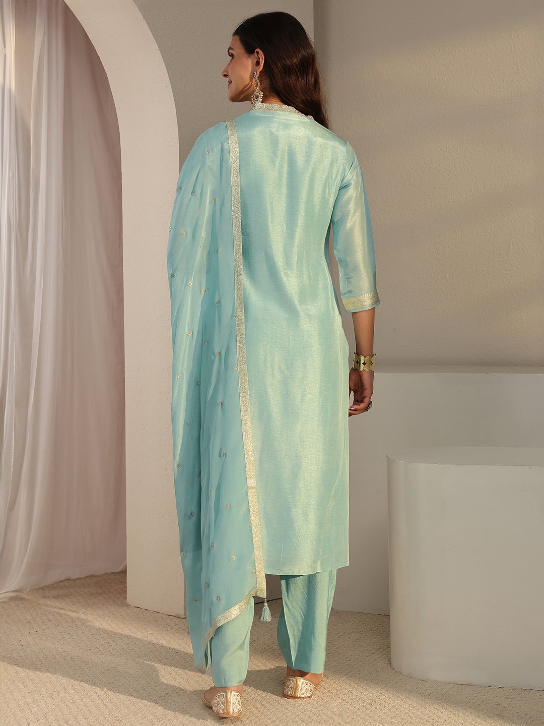 Festive Blue Silk Blend Woven Kurta Set with Dupatta