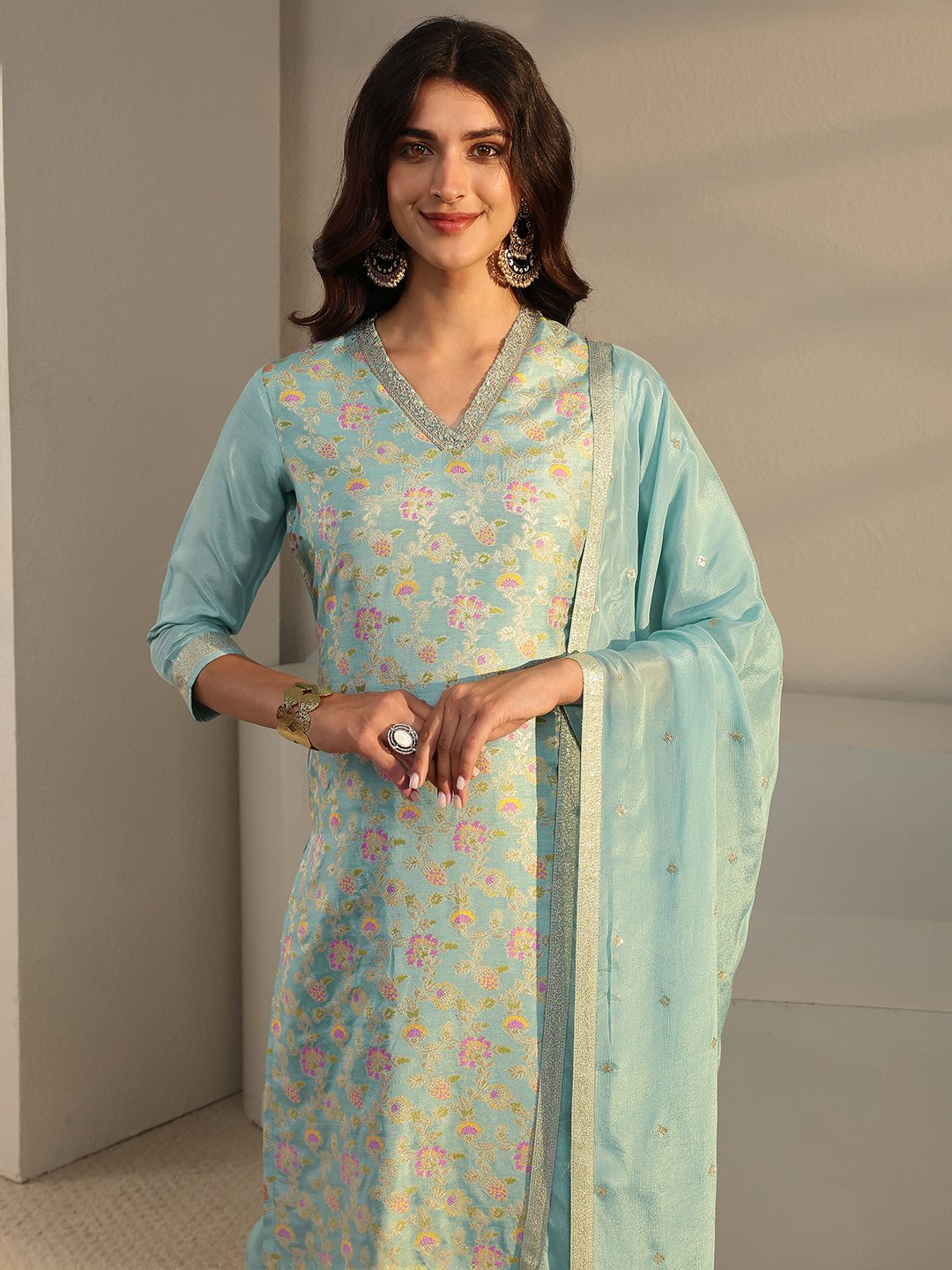 Festive Blue Silk Blend Woven Kurta Set with Dupatta