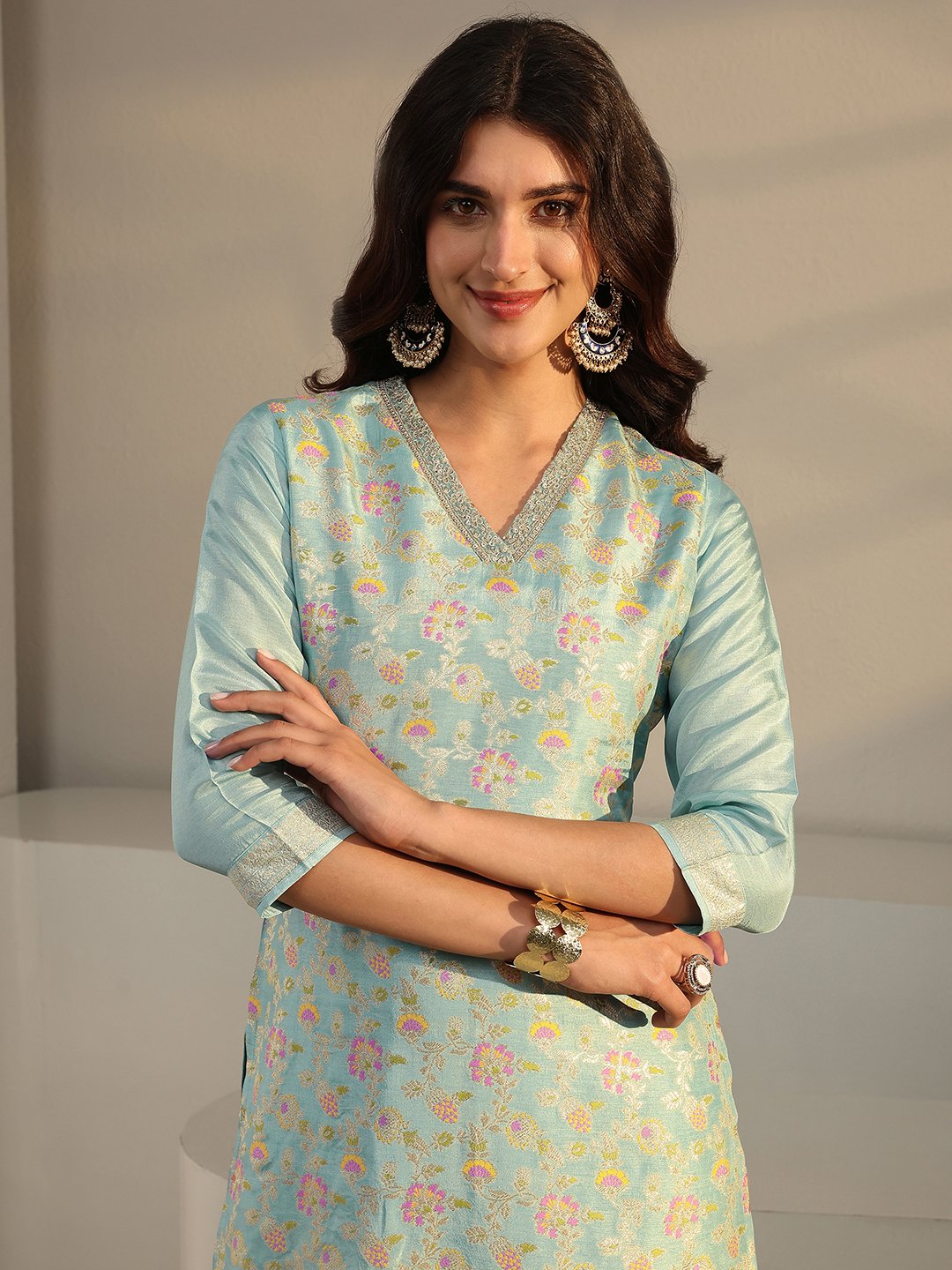 Festive Blue Silk Blend Woven Kurta Set with Dupatta