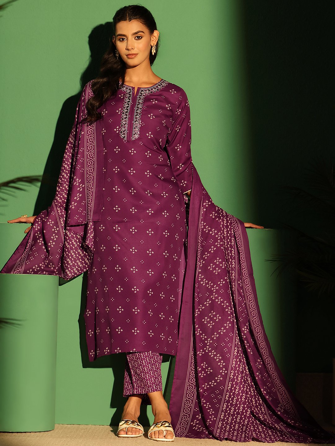 Purple Printed Kurta Set with Straight Pants and Dupatta