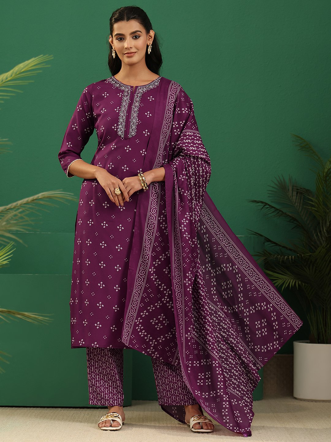 Purple Printed Kurta Set with Straight Pants and Dupatta