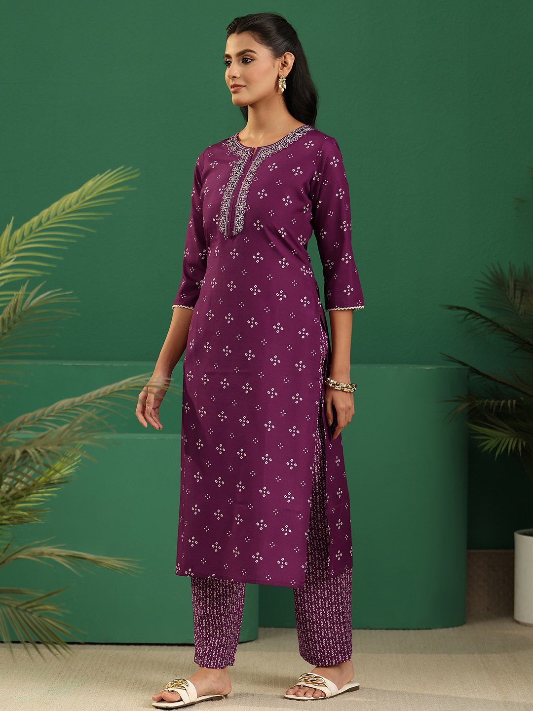 Purple Printed Kurta Set with Straight Pants and Dupatta