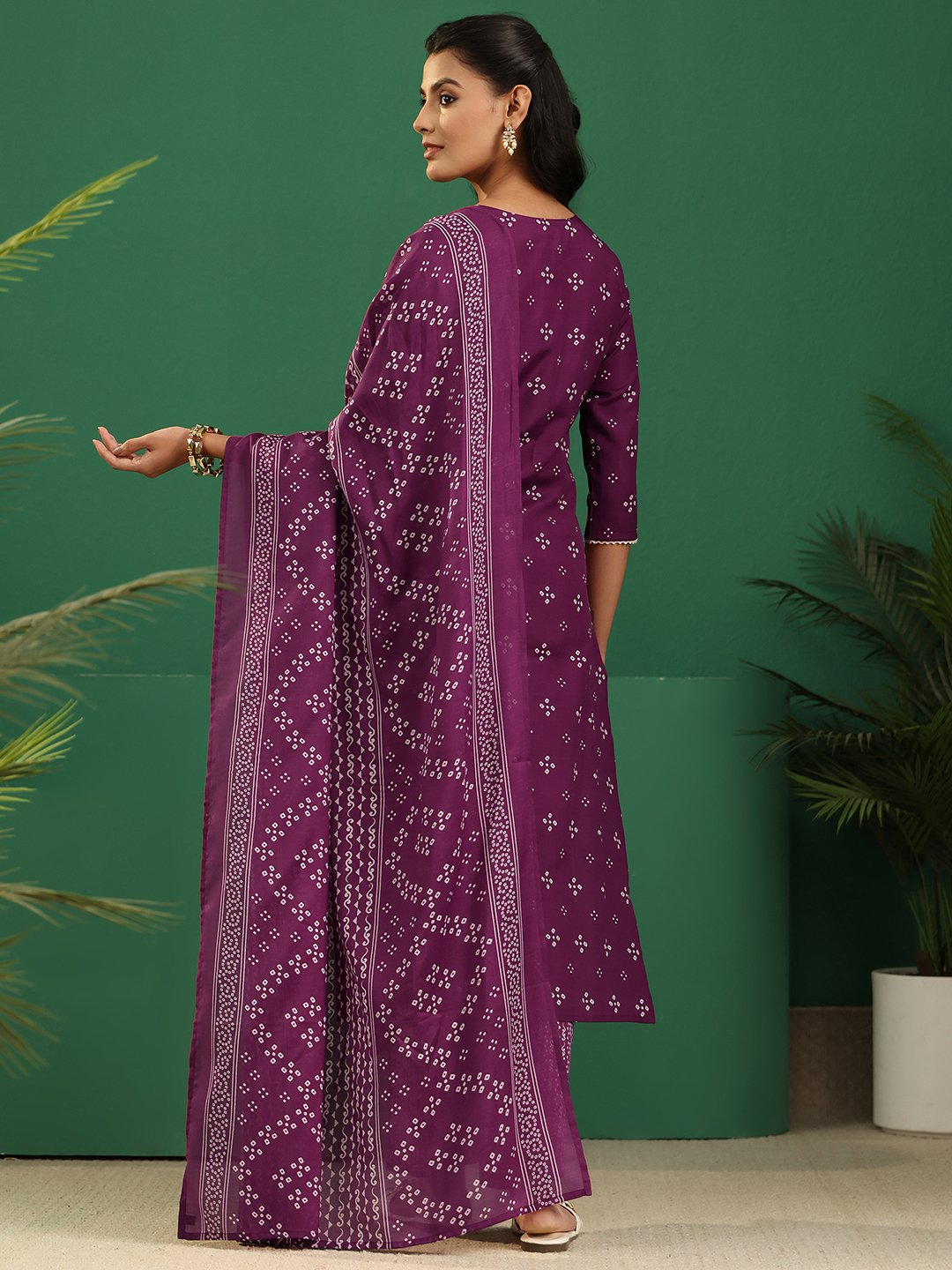 Purple Printed Kurta Set with Straight Pants and Dupatta